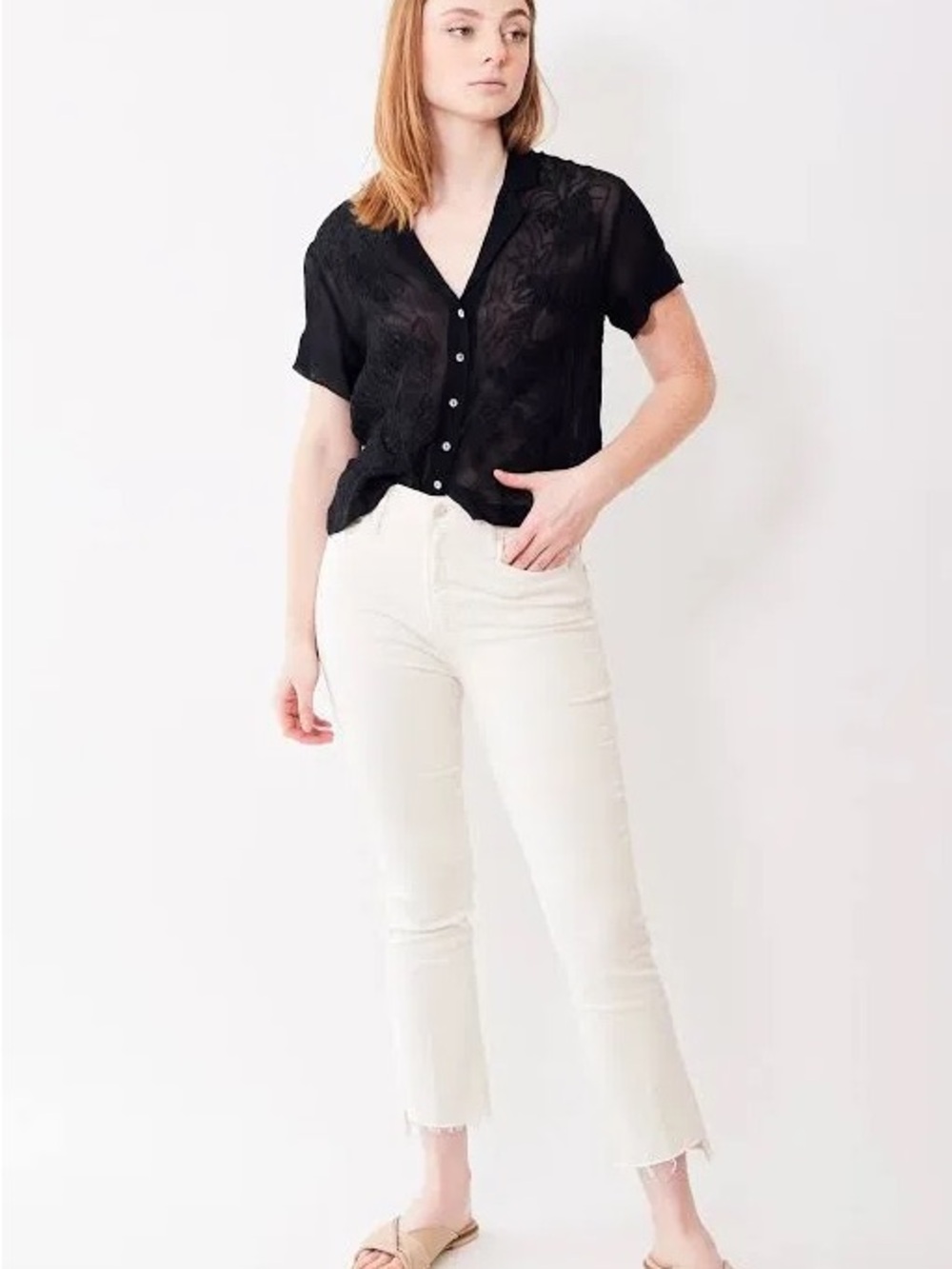 MOTHER The Insider High Rise Crop Step Fray Bootcut Jeans in Cream Puff